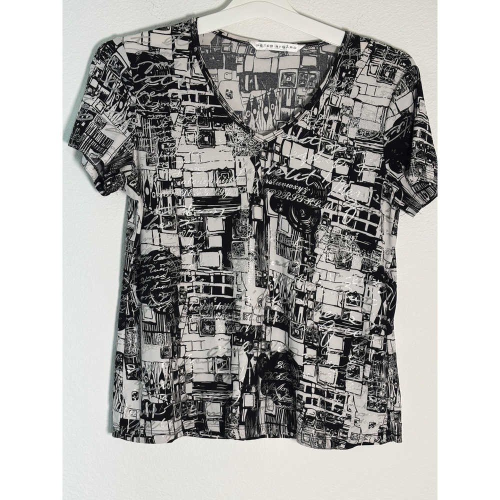 Peter Nygard Womens‎ Black White Abstract Geometric Metallic V-Neck Top Medium